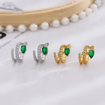 Реколта обеци-втулки под формата на зелен кристал змии за жени, 1 бр., перка без пиърсинг, Скоба за ушите, Аксесоари, Бижута, подаръци EF098
