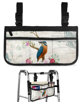Ретро Подлакътник за инвалидна количка с цветя и птици, Странично съхранение, с Много джобове Със Светлоотразителни ивици, Подвесная чанта за съхранение на детски колички