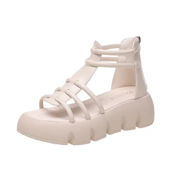 Римските сандали, чехли Сабо на ток, Меки обувки-сладкиши с отворени пръсти, с Кадифени обувки 2023, Женски медицински противоскользящий костюм, Дамски бежови гладиаторски обувки