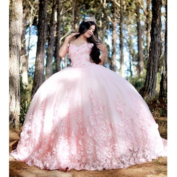 Розова Дълга Бална Рокля на Принцеса, Буйни Рокли С Аппликацией 3DFlower, Vestidos De 15 Anos, Рокля За Рожден Ден, Vestidos Para Mujer