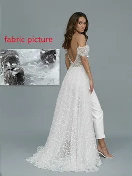 Сватбена Гащеризон с дълъг влак, дантела, 3D Апликация на поръчка, пайети, Сватбен брючный рокля с открити рамене, Vestidos De Новия