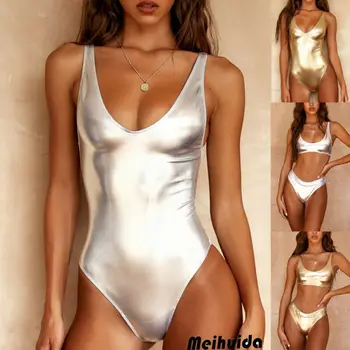 Секси женски бански костюм без ръкави от златисто/сребристо глоба цялата блестяща PVC кожа с високо деколте, Бикини за плуване, плажен секси бански