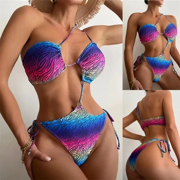секси комплект с постепенното цветен принтом в райета, дантела, без табли, едно парче бански, бански, дамски бански, бикини, бански костюми за почивка на плажа