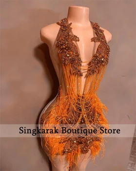 Сексуалното блестящо оранжево рокля с диаманти за бала, блестящи кристални мъниста, пера, Абитуриентски бал, рожден Ден, меню с коктейли на парти