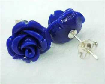 Сини обеци-карамфил от синтетични лазурит с роза и сребърни цветя