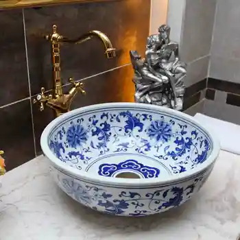 Синя и бяла Порцеланова рисувани, мивка, мивки за баня, цвят плотове, арт мивка, керамични мивки за баня