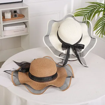 Солнцезащитная шапка за жени, Сгъваема Сламена шапка за момичета с широка периферия, Солнцезащитная шапка с лък, Елегантна Плажна шапка за предпазване от слънцето и за жени