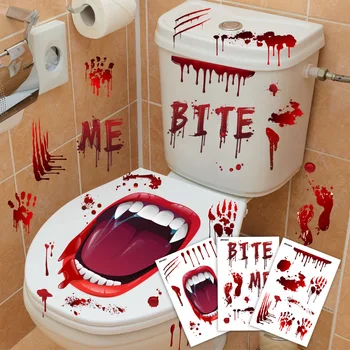 Стикер с петна кръв върху Хелоуин с голяма уста, празнична декорация, Стикери за стена, статични смущения в тоалетната, комплект от 3 броя