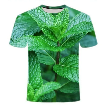 Тениски с 3D принтом мятно-зелени растения, мъжки и женски шорти с кръгла яка, Модни летни готини тениски, блузи, бебешки дрехи, тениски