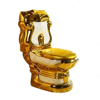 Тоалетна чиния с gilding, Разкошен златен Ретро Тоалетна чиния с позлатени релефни, седнал на Тоалетна чиния за баня, без звук, Голям диаметър