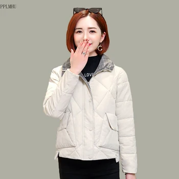 Утепленная дамско яке с корейската памучна подплата, Без яка-часова, топло зимно палто с дълги ръкави, Елегантна однотонная зимни дрехи, къси паркове