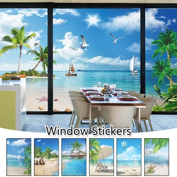 Фолио за прозорци с 3D пейзажи, начало декор, Летен океана, плажа, витражи, стъклени стикери, оцветяване електростатичен матово фолио