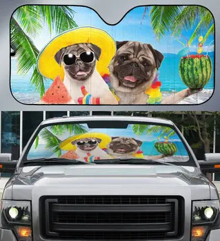 Хавайски Мопс с арбузным сок на летния плажа, Тента от кокосова палма за кола, Подарък за фен на мопс, Хавайски Виброавтоотражатель от слънце, Вятър