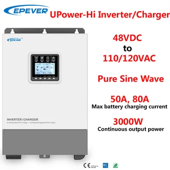 Хибриден Слънчев инвертор EPEVER UP-Hi 3000 W От 48 vdc до 110-120 vac С контролер на заряд на MPPT и мрежово зарядно устройство С поддръжка на литиеви