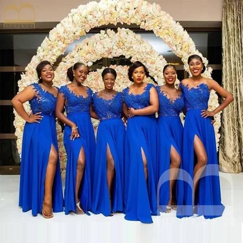 Царско Синьо Дантелени рокли на шаферките за сватбената церемония, женствена рокля 2024, Нови Елегантни рокли с цепка отстрани, облекло за сватбеното парти