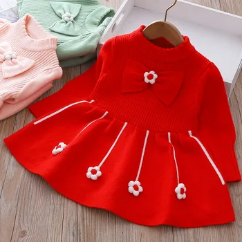 Цветя, ръчно изработени, есен/Зима 2023, Ново корейска рокля-пуловер за деца, детско трикотажное рокля с лък отдолу