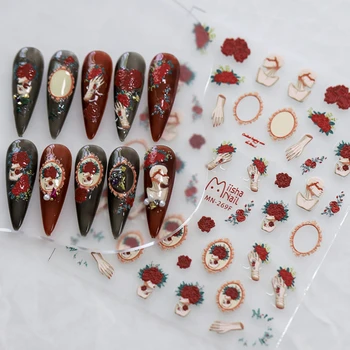 Цветя Червени Рози Ретро 5D Скулптурни Релефи с релефни, Самозалепващи Стикери за дизайн на ноктите, високо качество на 3D стикери за маникюр на едро
