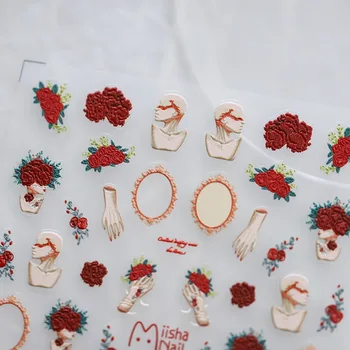 Цветя Червени Рози Ретро 5D Скулптурни Релефи с релефни, Самозалепващи Стикери за дизайн на ноктите, високо качество на 3D стикери за маникюр на едро