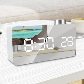 Цифров часовник с голям дисплей, led часовници, огледално покритие за грим с режим на затъмнение, за домашен интериор за спалня-бяла