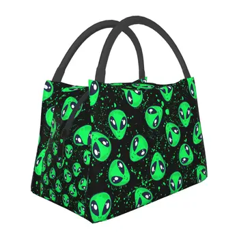 Чанта за обяд Зелена Един Изолиран охладител за Преносим Пикник Забавни Извънземните Платно Обяд-бокс Чанта за хранене
