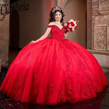 Червена Бална рокля на Принцеса с Пайети, Разкошни Рокли с отворени Рамене, Апликации от Кристали 3DFlower, Vestido De 15 Años, Корсетные Рокли