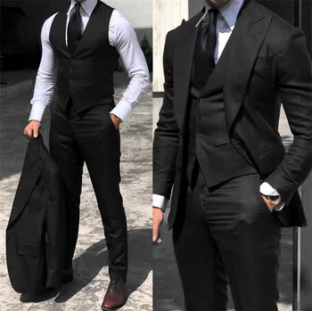 Черен Класически Мъжки костюм, 3 предмет, Смокинг с ревера, Сватбени костюми За Младоженец, Модерен Мъжки Бизнес Блейзър, сако + панталон + елек