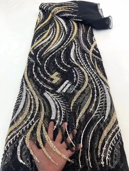 Черна лейси плат с пайети, 5 ярда, за младоженци, Дубай, кристални мъниста, ръчно изработени, нова висококачествена луксозна африканска лейси плат от мъниста
