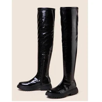 Черни дамски ботуши над коляното на дебела подметка, еластични ботуши над бедрата, есенно-зимни еластични обувки, дамски официални модела обувки без закопчалка