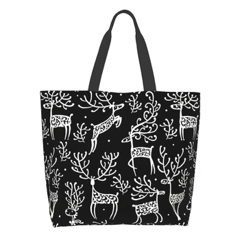 Черно-бяла холщовая чанта-тоут с горски елен за жени, весела Коледа, Кухненски Многократна употреба за хранителни стоки чанти на едро, големи Ежедневни