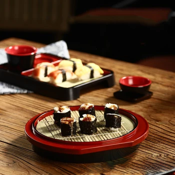 Чиния за сашими, суши-ресторант, Хотел, Японски Хранително-вкусовата меламиновый Кръгла тава, бамбук подложка за хранене С малко ястие за соса, Трапезария и посуда