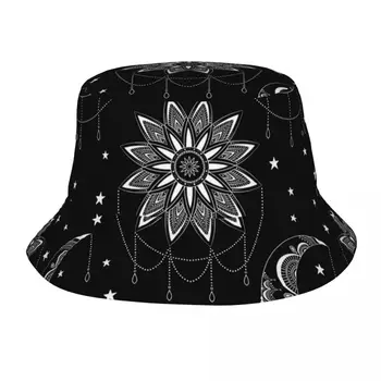 Широка периферия шапка Унисекс, шапки-боб в стил хип-хоп Gorros, Реколта Лятна панама с Луната, слънцето и звездите, Плажна шапка за риболов