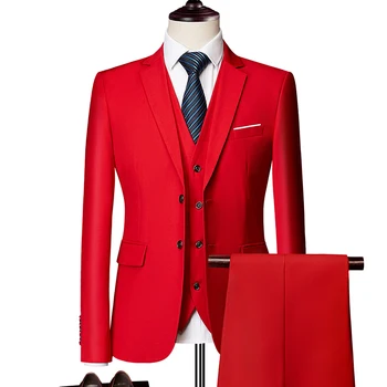 (Яке + жилетка + панталони) Мъжки костюм от три части, Нов монофонични оборудвана бутиков бизнес модерен мъжки дрехи, комплект костюми