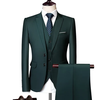 (Яке + жилетка + панталони) Мъжки костюм от три части, Нов монофонични оборудвана бутиков бизнес модерен мъжки дрехи, комплект костюми